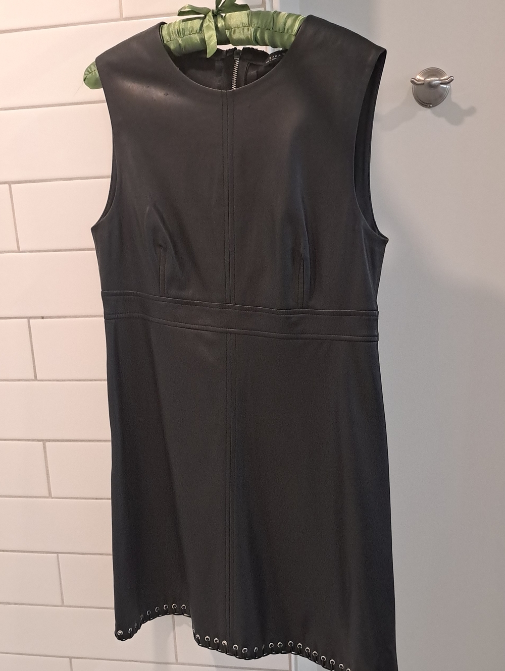 Size L Zara Black Sleeveless Faux-Leather Sheath Dress with Eyelet Hem